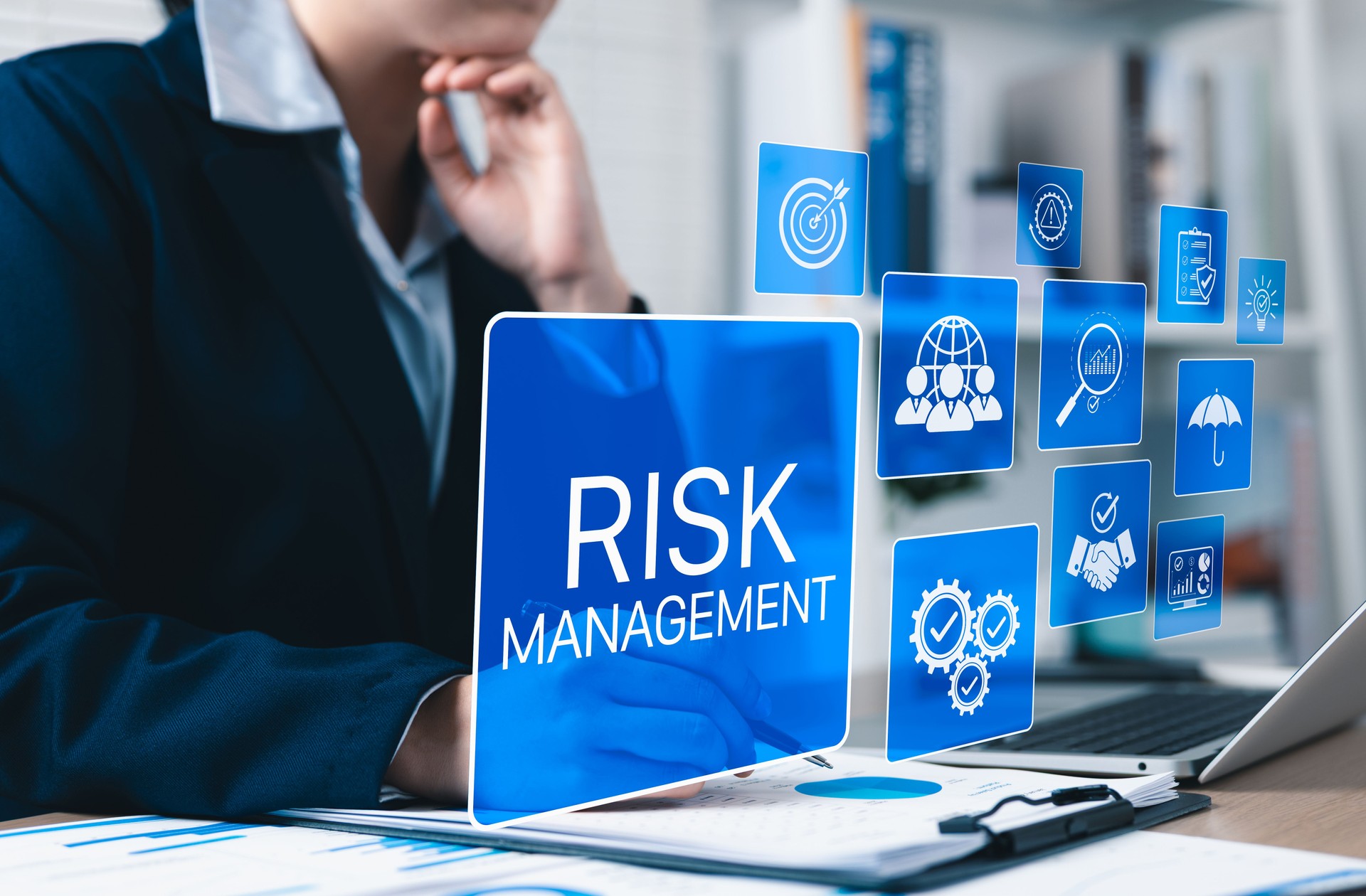 Risk Management and Assessment Strategy Concept. Woman analyzing icons of risk management strategy, planning, compliance, evaluation, prevention, corporate security solutions, finance, and insurance.